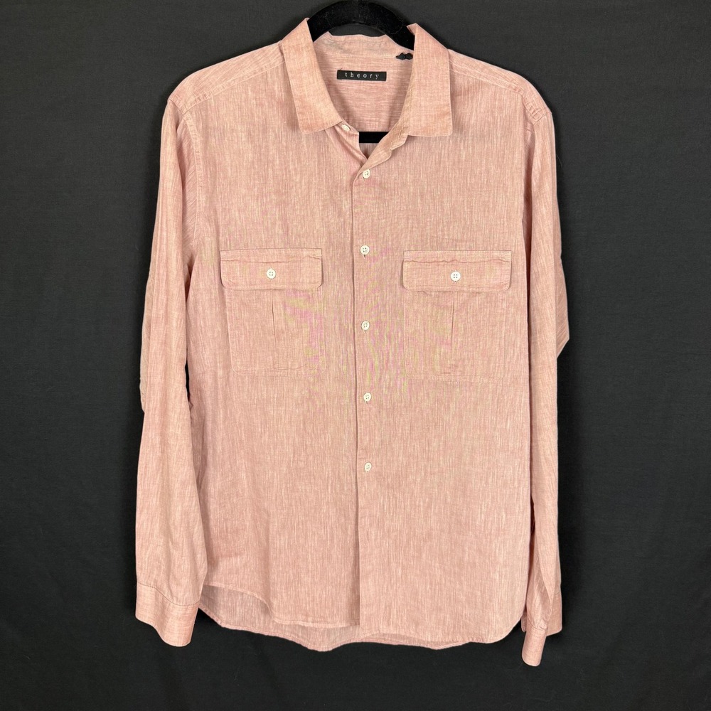 Theory Men's Pink Cotton Linen Blend Twin Pocket Long Sleeve Button Up Shirt M